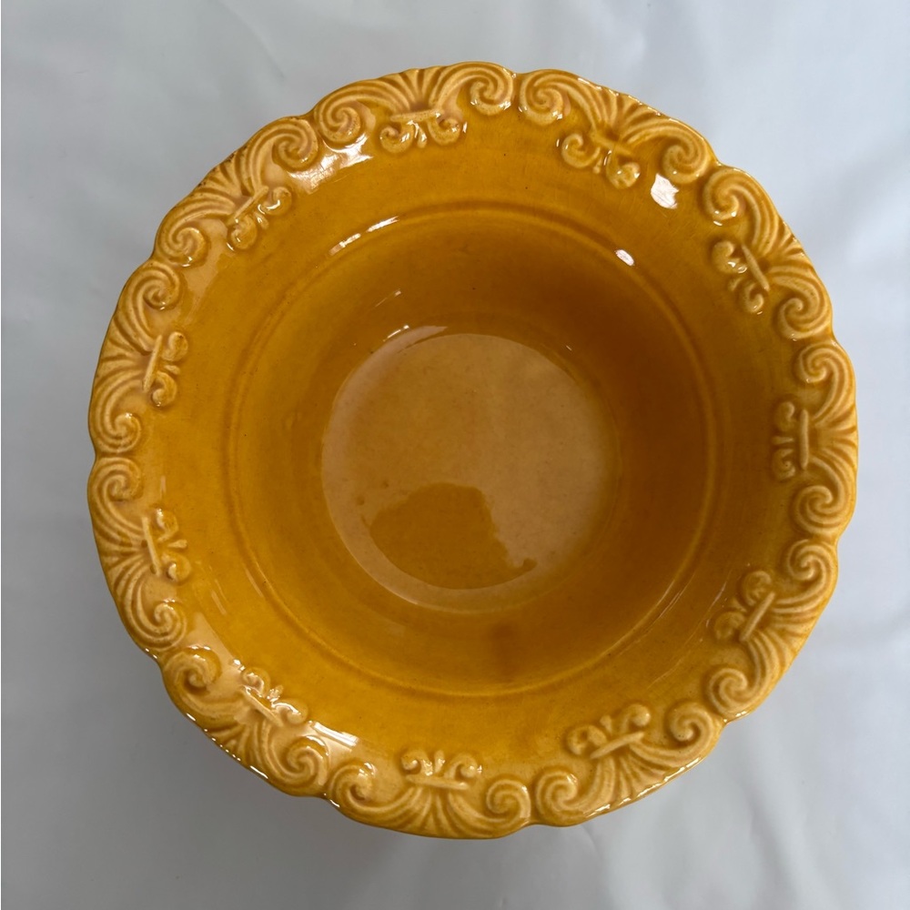 Vintage 70s California Pottery Yellow Embossed Dip Bowl Made in USA Calif J 32